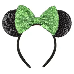 Mouse Ears Headband for Women, Green Sequin Bow Costume Accessory