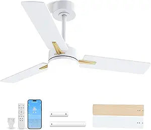LANMEL 42 Inch Ceiling Fans with Lights, App&Remote Control, Low Profile Modern Ceiling Fan, 6 Speed, Reversible, 3000k-6500k Dimmable LED, Quiet DC Motor for Indoor Outdoor Use, Gold White