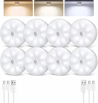 EZVALO 8 Pack Motion Sensor Closet Lights, 1200mAh Rechargeable Under Cabinet Lights, Night Lights, Puck Lights, Dimmable, 3 Color Temps, Magnetic, Stick-On for Kitchen, Stairs, Closet