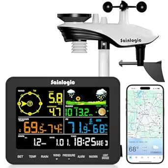 Sainlogic Smart WiFi Weather Station with Rain Gauge and Wind Speed, 24/7 AI Weather Forecast by Weatherseed, Wireless Indoor Outdoor, APP Alerts, 2-Year Data Export (2.4GHz WiFi Only)
