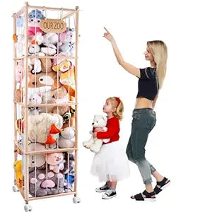 GRETJOB Extra Large Stuffed Animal Storage Organizer with Wheels & Mesh Pockets - 70x16.5x16.5 Inch Wooden Corner Toy Cage, Space-Saving Plush Zoo Holder for 220+ Toys, Nursery Playroom Bedroom