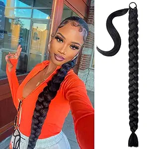 Mebeli Long Braided Ponytail Extension with Hair Tie,34inch 1B