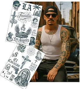 Cholo LA Gangster Fake Tattoos ��� 2 A4 Sheets ��� Old English Script, Clown Girls, Lowriders, & Religious Ink ��� Ultra-Real Temporary Tattoos for Film, Cosplay & Halloween �ï¿