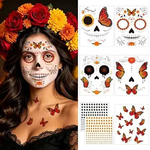 JUNEBRUSHS 12Pcs Dia De Los Muertos Face Tattoos Monarch Butterfly with Gem