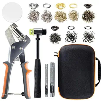 Stainless Steel Grommet Kit (3/8 and 1/4) Includes a Hammer and Bag and 200 10mm and 300 6mm Grommets. Eyelet and Grommet Tool Kit for DIY Tarp Leather Ring Repair and Installation.
