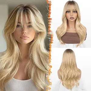BARSDAR 20 Inch Synthetic Soft Wavy Ombre Blonde Layered Wig with Bangs