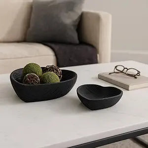 Set of 2 Wooden Decorative Bowls Accent Bowl Set for Everyday Display, Coffee Table or Entryway Styling Heart Shape Design for Soft, Sculptural Impact, Home Decor 10" & 8", Black