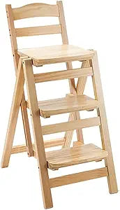 Wooden Folding Step Stool Chair, Solid Pine Wood 3-Step Ladder Stool with Seat, Multi-Purpose Step Chair for Kitchen, Home, Pantry or Bar Use(Wooden)