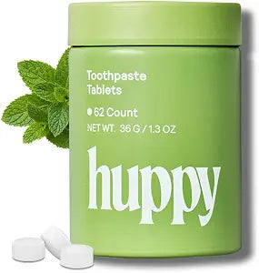 Huppy Toothpaste Tablets, Hydroxyapatite, Fluoride Free and Plastic Free, Natural Whitening, Remineralizing, SLS Free, Travel Friendly Chewable Tabs, Peppermint Flavor, 62 Count (1 Month Supply)
