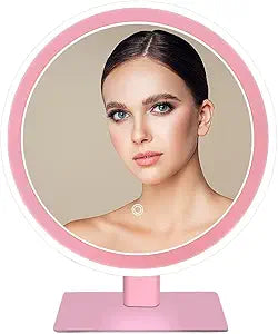 Acrylic Light Guide Round Desktop Vanity Mirror with Light, Pink/White, 3 Color Modes, Touch, 70 Rotation, 10x Magnifier (Painted Pink)