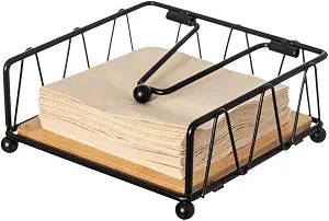 Flat Metal Square Napkin Holder with Weighted Arm and a Wooden Tray Perfect for Adorning Dining Table, Kitchen Countertop and Napkin Holder for Bathroom also Good for Outdoor Table at Restaurant