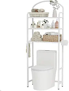 Over The Toilet Storage Rack - 3 Tier Bathroom Organizer with 4 Hooks & Paper Holder - Space Saving Metal Shelf for Bathroom - White Toilet Storage