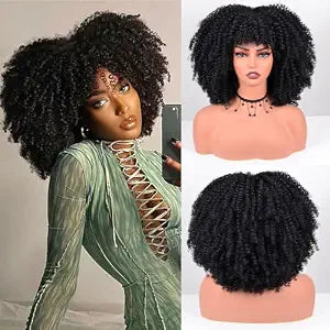 Afro Curly Wig with Bangs Short Kinky Curly Synthetic Wig for Black Women