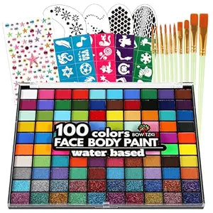 Bowitzki Face Paint Kit for Kids Adults Stencils Glitter Brushes Face Painting Set for Sensitive Skin Water Based FDA Compliant Professional Body Painting (100 colors)