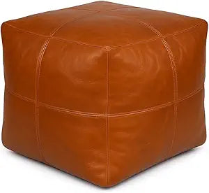 Handmade Unstuffed Genuine Leather Pouf Cover with Crunch Design, Large Square Leather Ottoman, Hassock Footrest Footstool Home & Living Room Decor (40x40x18, Tan)