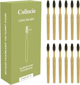 Extra Hard & Firm Bamboo Charcoal Toothbrush Long Head with Wide Thickened Handle Whitening Teeth Pack of 12