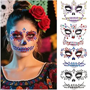 Halloween Face Jewels Temporary Tattoos ��������� 4 Pack Day of the Death Rhinestone Skull Face Gems ��������� Crystal Eye Glitter Stickers for Halloween
