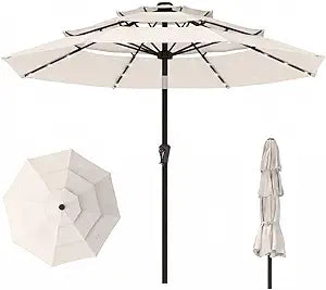 10ft 3-Tier Patio Umbrella with 32 Solar Powered LED Lights, Windproof Outdoor Market Umbrella for Deck, Poolside & Garden, Sturdy Push-Button Tilt Table Umbrella, Creamy White