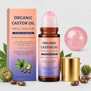 Organic Castor Oil Rose Quartz Roller Ball,Cold Pressed Oil1.7 Fl