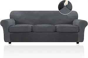 FestiCorp Velvet Sofa Covers for 3 Seat Cushion Couch Sofa Slipcovers, Stretch 4 Piece Couch Cover, Thick Furniture Covers for Dogs Pets, Oversized Sofa, Grey