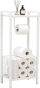 Free Standing Toilet Paper Holder with Storage Shelf, All-in-One Organizer Stand for Multiple Rolls,Wipes,Towels and Magazines Freestanding Bathroom Tissue Dispenser for Small Spaces Matte White