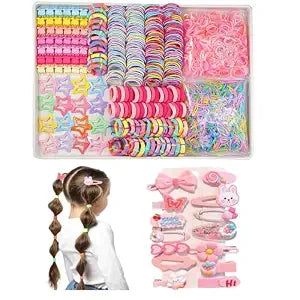 Girls Hair Rubber Bands Colorful Elastic Hair Ties Set Toddler Hair Accessories for Girls with Cute Hair Clips and Box