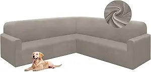 HDCAXKJ Corner Sectional Couch Covers Velvet Stretch L Shape Sofa Cover Soft Thick Sectional Slipcovers Set U Shaped Living Room Non Slip Magic Furniture Protector for Pet Dogs (Khaki, Large)
