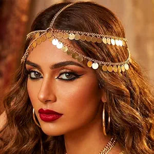 Aukmla Gold Sequin Head Chain Layered Egyptian Headpiece Festival Headband for Women