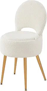 Vanity Chair, Vanity Stool with Storage and Folding Back,4 Metal Legs with Anti-Slip Feet,Round Ottoman with Velvet Seat, Furry Padded Seat for Makeup, Bedroom (Black, Small)