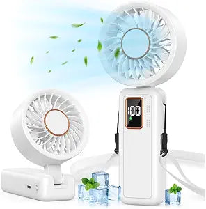 Handheld Fan, 5 Speed & 14H Cooling Time Portable Fan, 6000mAh USB Rechargeable Mini Fan with LED Display, Powerful but Quiet, Foldable Desk Fan, Lanyard for Neck Fan, Personal Fan for Travel/Office