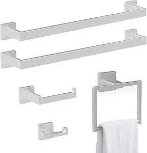 BOZWELL 5 Piece Brushed Nickel Stainless Steel Towel Bar Set, 23.6 inch Square Bathroom Hardware Accessories Set,Wall Mounted Towel Racks for Bathroom