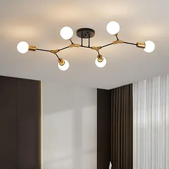 Modern Gold and Black Sputnik Semi Flush Mount Ceiling Light Fixture for Dining Room Living Room Bedroom Kitchen Closet Hallway Aisle, Mid Century Metal 6 Light Chandelier