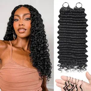 Human Crochet Hair for Black Women 18 Inch 50g Deep Wave Bundles Human Hair Pre-separated Invisible Feather Crochet Human Hair Extensions 40 Strands Natural Black