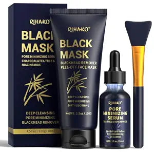 RIHAKO Blackhead Remover Mask Kit, Black Peel Off Face Mask with Tea Tree & Niacinamide Serum, Charcoal Face Mask for Deep Cleansing Pores, Dirt and Excess Oil(100g+30ml)