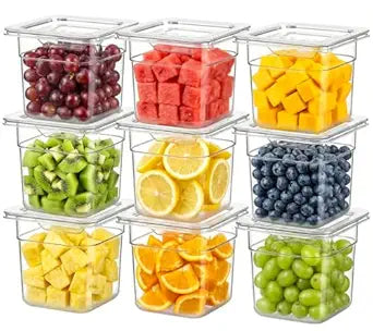 West Bay 9-Pack 1/6 Size 4''Deep NSF Polycarbonate Food Pans with Lids, Clear Commercial Hotel Pans, Food Storage Containers for Restaurant, Food Prep, Buffet, Salad Bar, Home Kitchen & Catering