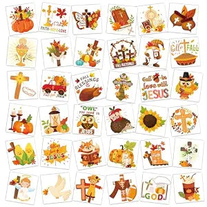 HOWAF 72pcs Fall Religious Temporary Tattoos,Bible Thanksgiving Christian Tattoos Stickers for Kids Girls Boys Decor,Fall for Jesus Fake Tattoo Autumn Season Church Face Tattoo Gift Bags Fillers