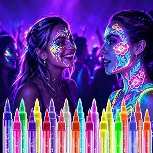 20 colors and 10 double pointed UV neon face and body painting pens, glowing fluorescent washable skin safe tattoo pens, carnival Halloween party role-playing art makeup bag (Multicolor )