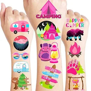 120 PCS Pink Girl Camping Temporary Tattoos Pre-Cut