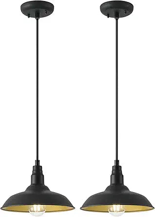 10in Dome Farmhouse Pendant Lights Black and Brass Kitchen Island Hanging Light Fixture for House, Outdoor Barn Pendant Ceiling Lighting for Dinning Room, Entryway, Deck, Adjustable Length