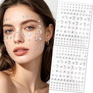 260 pcs White Face Gems Stickers Moon Star Self-Adhesive Face Jewels for Women Girls Temporary Face Rhinestone Stickers for Eye Body Festival Rave Party Makeup DIY Nail Art Halloween Mermaid Cosplay