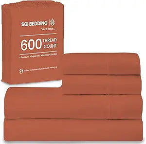 SGI bedding 100% Egyptian Cotton Sheets King Size 600 Thread Count Sheets Set, Soft, Cooling, 15" Deep Pocket, Luxury Hotel Bedding, Breathable, Durable - Terracotta