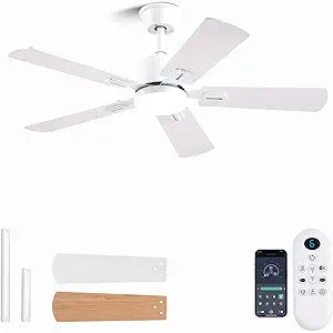 FUMLTP 42 inch Modern White Ceiling Fans with Lights APP/Remote Control, Low Profile Reversible 6 Speeds Ceiling Fan Light for Indoor/Outdoor Patio Bedroom Living Room