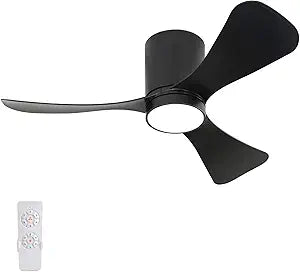 ELEHINSER 42 Inch Ceiling Fans with Lights, Flush Mount Low Profile, 3 ABS Blades Ceiling Fan with Light and Remote, 6-Speed, Reversible DC Motor, Noiseless, for Kitchen Bedroom, Indoor/Outdoor, Black