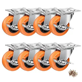 2" Plate Casters with Brake, 8 Pack PU Swivel Wheels