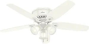 Hunter 52 inch Indoor Ceiling Fan with LED Lights - White Ceiling Fan with Pull Chain, For Bedroom, Living Room, or Kitchen, Low Profile Flush Mount, No Remote, 5 Blades - Builder 53326, Snow White