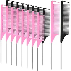 Patelai 18 Pcs Rat Tail Combs with Steel Pintail, Black,pink