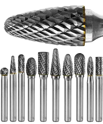 10Pcs Carbide Burr Set 1/4 Shank w/Clear Box Head Dia 8mm Die Grinder Bits Rotary Tools Attachment Kit Rasp File Accessories Metal Wood Stone Steel Grinding Deburring Cutting Porting Carving