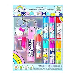 Hello Kitty Keychain Lip Balm Set, 7-Piece Plant-Based, Ages 3+
