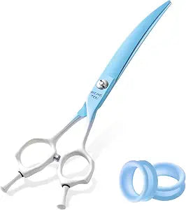 7'' Curved Dog Grooming Scissors Blue to White Gradient | 440C Stainless Steel, Sharp Durable, Professional or Home Use, Ergonomic Handle with 2 Silicone Finger Rings