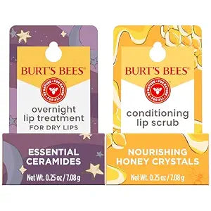 Burt’s Bees Conditioning Lip Scrub and Overnight Intensive Lip Treatment, With Ceramides, College Back to School Dorm Essentials, Exfoliates and Hydrates Lips 8 Hours, Natural Origin, 2 Jars, 0.25 oz